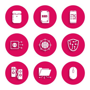 Küresel teknoloji veya sosyal ağ, Dizin ve kilit, Bilgisayar faresi, Siber güvenlik, Gamepad, Uzaktan kumanda, Mobil grafik şifre koruması ve hava kulaklıklarını kutu simgesine yerleştir. Vektör