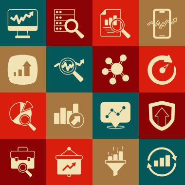 Grafik grafiği bilgisini, finansal büyümeyi, dijital hız göstergesini, birlikte belge, Arama veri analizi, İzleyici ve Proje ekibi taban simgesini ayarlayın. Vektör