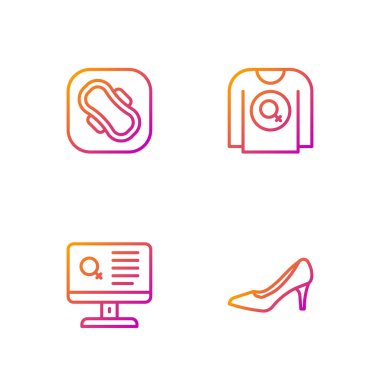 Set hattı kadın ayakkabısı, flört uygulaması, hijyenik peçete ve feminist gömlek. Renk simgeleri. Vektör