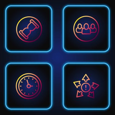 Çizgiyi çok yönlü ok, saat, kum ve proje ekibi tabanlı eski kum saati olarak ayarlayın. Renk simgeleri. Vektör