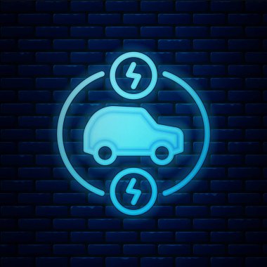 Parlak neon elektrikli araba ve elektrik kablosu şarj ikonu tuğla duvar arka planında izole edilmiş. Yenilenebilir ekolojik teknolojiler. Vektör