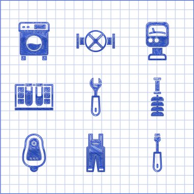 Anahtarı, iş tulumunu, tornavidayı, tuvalet fırçasını, pisuvarı, su damlasıyla test tüpünü, basınç ölçeri ve çamaşır makinesi simgesini ayarla. Vektör