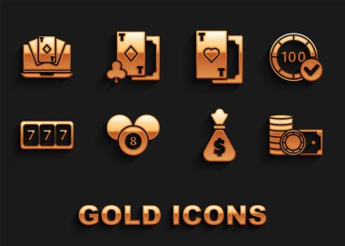 Bilardo topu bilardo topu, kumarhane fişleri, ve para, para çantası, kumar makinesi, şanslı yedili büyük ikramiye, kart kalbi, online poker masası oyunu ve elmas ikonu. Vektör