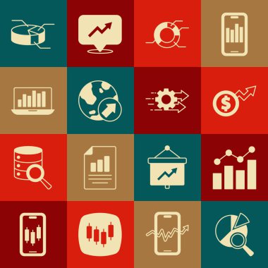 Arama veri analizini, finansal büyümeyi, doları, pasta grafiğini, dizüstünü ve zaman yönetim simgesini ayarla. Vektör