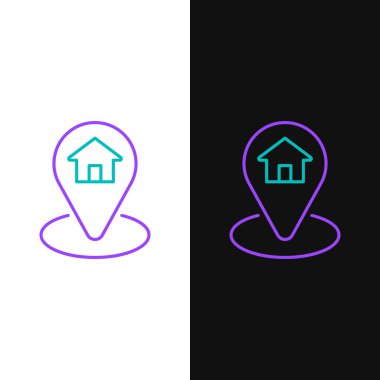 Beyaz ve siyah arkaplanda ev simgesi olan çizgi haritası işaretçisi. Ev konumu belirleyici sembol. Renkli taslak konsepti. Vektör