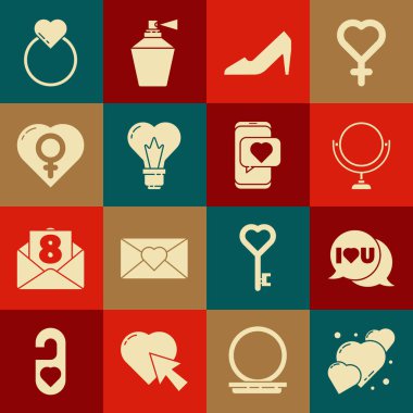 Set Heart, Speech balon with I Love You, Round Makyaj aynası, Kadın ayakkabısı, Ampul şekli, Kadın cinsiyet kalbi, Nikah yüzüğü ve Online randevu uygulaması ve sohbet ikonu. Vektör