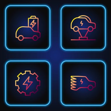 Elektrikli araba, vites ve şimşek ayarlayın. Renk simgeleri. Vektör