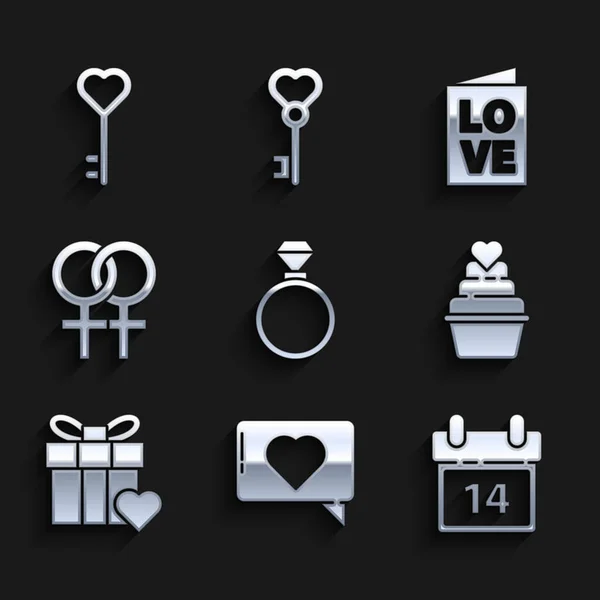 Set Anillos de boda, Me gusta y corazón, Calendario con 14 de febrero, Caja de regalo, Símbolo de género femenino, Volante de la fiesta de San Valentín e icono de forma de llave. Vector — Vector de stock