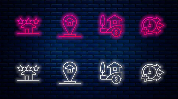 Hattı olan bir ev, dolarlı bir ev, gayrimenkul ve saat. Tuğla duvarda parlayan neon simgesi. Vektör