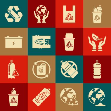 Dünya küresi ve bitkisini, plastik şişeyi, çevresel korumayı, geri dönüşümlü poşeti, okyanus plastik kirliliğini, araba aküsünü, geri dönüşüm kutusunu ve sembol kutusunu durdurun. Vektör