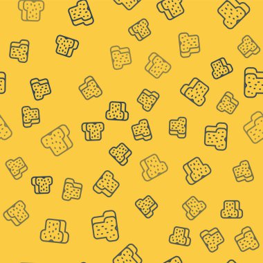 Mavi çizgili ekmek tostu, kızarmış kızarmış ekmek parçasına, sarı arkaplanda izole edilmiş, pürüzsüz bir kalıp. Öğle yemeği, akşam yemeği, kahvaltı atıştırmalığı. Vektör