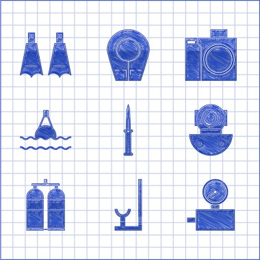 Ordu bıçağı, Şnorkel, Ölçü ölçeği, Aqualung, denizde yüzen şamandıra dalgıç için fotoğraf makinesi ve yüzme ikonu. Vektör