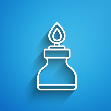 Beyaz çizgi alkol ya da ruh yakıcı ikonu mavi arka planda izole edilmiş. Kimyasal ekipman. Uzun gölge. Vektör