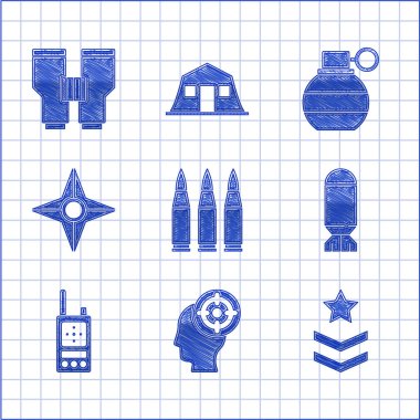 Mermi, hedef sporu, askeri rütbe, havacılık bombası, telsiz, Japon ninja shuriken, el bombası ve dürbün ikonu. Vektör