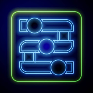 Parlayan neon grafiği, çizelge, grafik, diyagram, bilgi, turta grafik simgesi mavi arkaplanda izole edildi. Vektör