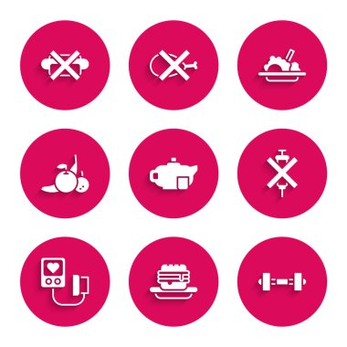 Çaydanlığı fincanla, ıvır zıvırla, Dumbbell 'la, doping şırıngasıyla, tansiyonla, meyveyle, sağlıkla ve ıvır zıvırla hazırla. Vektör