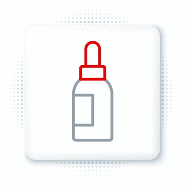 Beyaz arka planda izole edilmiş çizgi esaslı yağ şişesi simgesi. Organik aromaterapi özü. Cilt bakımı serumu cam bırakma paketi. Renkli taslak konsepti. Vektör