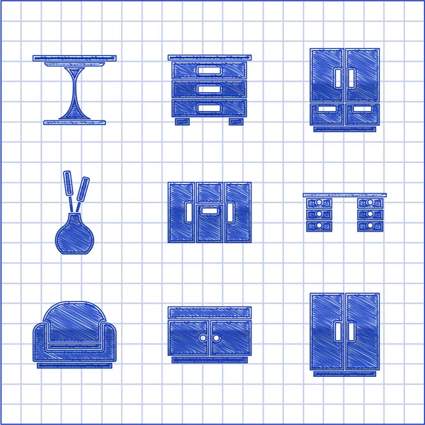 Garderobe Kommode Schreibtisch Sessel Vase Und Rundes Tischsymbol Vektor — Stockvektor