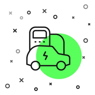 Siyah çizgi elektrikli araba ve elektrik kablosu şarj ikonu beyaz arka planda izole edildi. Yenilenebilir ekolojik teknolojiler. Vektör.
