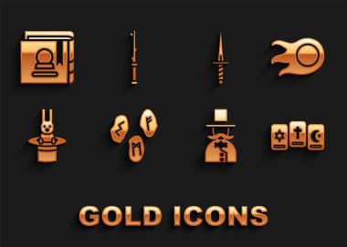 Sihirli mühürler, ateş topu, üç tarot kartı, sihirbaz, şapka ve tavşan, hançer, Antik büyü kitabı ve asa ikonu. Vektör