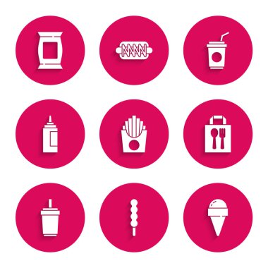 Kutuda patates kızartması, lolipop, dondurma külahı, online sipariş ve teslimat, samanlı kağıt bardak, sos şişesi ve patates cipsi ikonu hazırla. Vektör