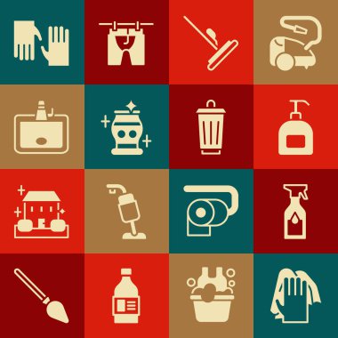 Temizlik seti, sprey şişesi, bir şişe sıvı sabun, paspas, vazo, lavabo, lastik eldiven ve çöp kutusu ikonu. Vektör
