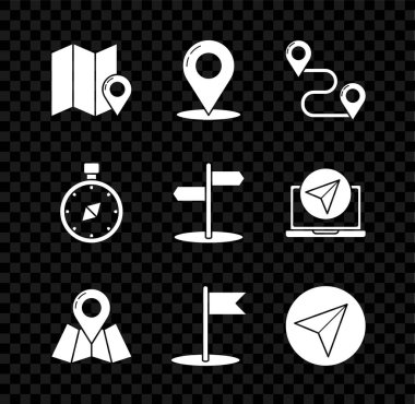 Katlanmış haritayı konum işareti, harita şifresi, rota, bayrak, kağıt uçak, pusula ve yol trafik işareti simgesi ile ayarla. Vektör