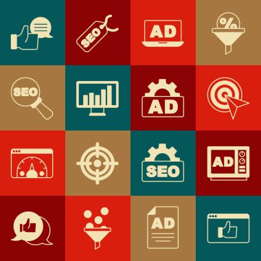 Müşteri Ürün Reklam Hedefi Monitörünü grafik tablosu optimizasyonu ve simgesi ile ayarla. Vektör.