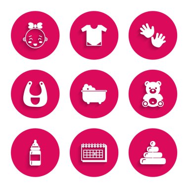 Bebek küveti, takvim, piramit oyuncağı, oyuncak ayı pelüşü, şişe, önlük, el izi ve mutlu küçük kız kafası ikonu. Vektör