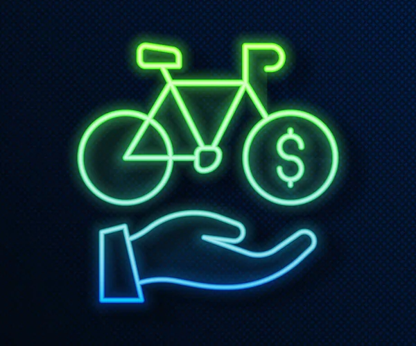 Parlak Neon Hattı Bisiklet Kiralama Mobil Uygulama Simgesi Mavi Arkaplanda — Stok Vektör