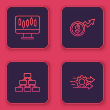 Hisse senedi borsası büyüme grafikleri Hiyerarşi organizasyonu Finansal Dolar ve Zaman Yönetimi. Mavi kare düğme. Vektör.