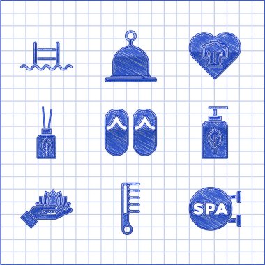 Parmak arası terlikleri, saç fırçası spa salonunu, temel yağ şişesi Lotus çiçeğini, Aroma dağıtıcı masajını ve merdiven ikonlu yüzme havuzunu ayarlayın. Vektör.