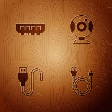 Elektrik prizi, RAM, rastgele erişim belleği, USB kablo kablosu ve ahşap arka planda web kamerası ayarla. Vektör.