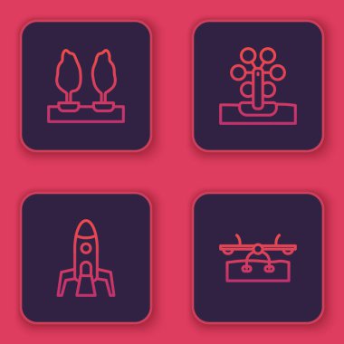 Forest, Roket gemisi, dönme dolap ve tahterevalliyi ayarlayın. Mavi kare düğme. Vektör.