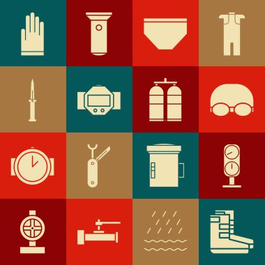 Botları, ölçeği, yüzmek için gözlüğü ve şapkayı, yüzme şortunu, dalış saatini, ordu bıçağını, eldivenleri ve Aqualung ikonunu ayarlayın. Vektör