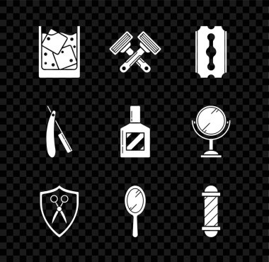Bir bardak viski ve buz küpünü traş bıçağı, makas, kalkan aynası klasik berber direği ve tıraş losyonu ikonu olarak ayarla. Vektör.