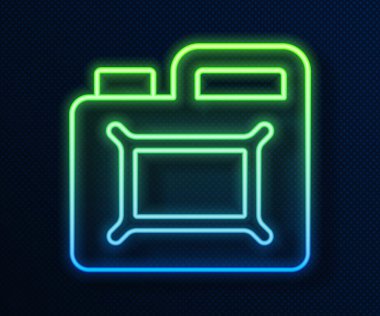 Mavi arka planda izole edilmiş motor makine yağı ikonu için parlayan neon hattı kutusu. Benzin bidonu. Yağ değiştirme ve onarım servisi. Motor yağı işareti. Vektör.