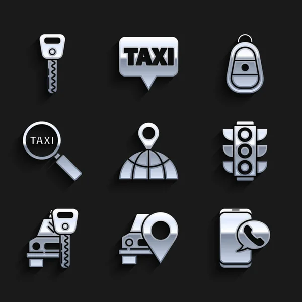 Állítsa Helyét Világon Térkép Mutató Taxival Taxi Hívás Telefon Szolgáltatás — Stock Vector