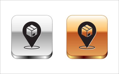 Beyaz arkaplanda karton kutu simgesine sahip siyah konum. Teslimat hizmetleri, lojistik ve ulaşım, dağıtım. Gümüş ve altın kare düğmeler. Vektör