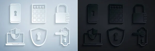 Set Shield Keyhole Biztonságos Kombináció Zár Laptop Védett Pajzs Ajtó — Stock Vector