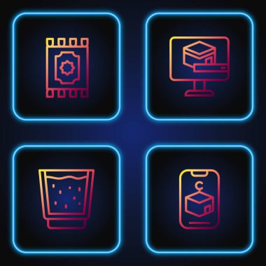 Yıldız ve hilal çizgisi, su dolu cam, geleneksel halı ve Kabe camisi. Renk simgeleri. Vektör.