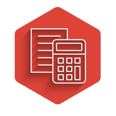 Beyaz çizgi hesap makinesi simgesi uzun gölge arkaplanı ile izole edildi. Muhasebe sembolü. İş hesaplamaları matematik eğitimi ve finans. Kırmızı altıgen düğmesi. Vektör.