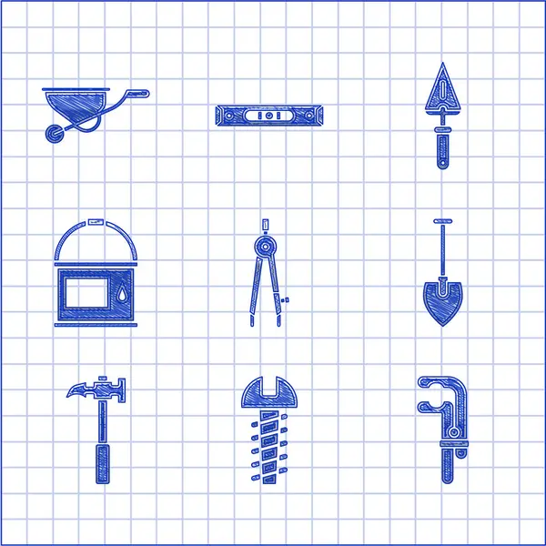 Set Brújula Dibujo Tornillo Metálico Herramienta Abrazadera Pala Martillo Garra — Archivo Imágenes Vectoriales