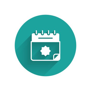 Beyaz Ramazan takvim simgesi uzun gölge arkaplanı ile izole edildi. Ramazan Kareem ve İslami semboller. Yeşil daire düğmesi. Vektör