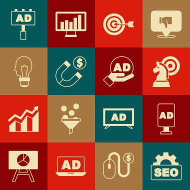 SEO optimizasyon Satranç Reklamcılığı Hedef Mıknatısı 'nı para ampul fikri ve simgesi konseptiyle ayarlayın. Vektör.