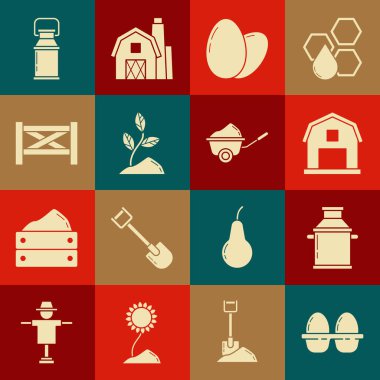 Kutuya tavuk yumurtası koyun, süt için konteynır, çiftlik evi konsepti, filiz, bahçe çiti ahşabı, ve toprak ikonlu el arabası. Vektör