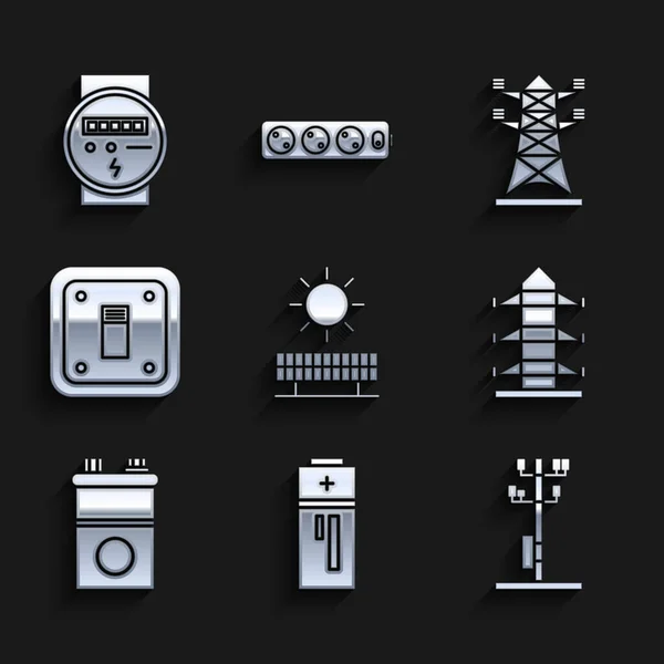 Réglez Panneau Énergie Solaire Soleil Batterie Ligne Poteau Électrique Haute — Image vectorielle