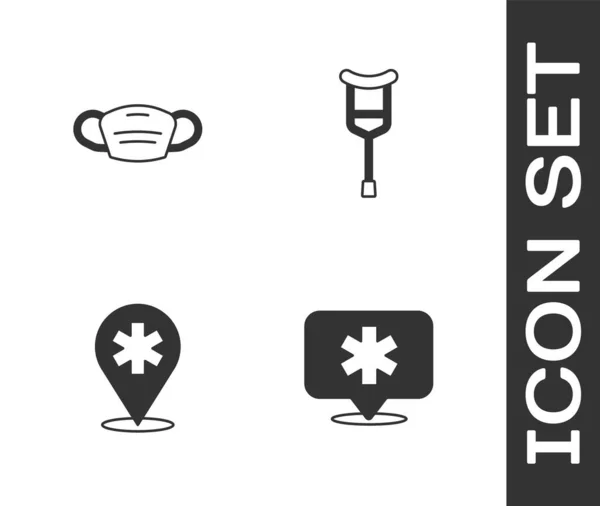 Set Locatie Ziekenhuis Medisch Beschermend Masker Kruk Krukken Pictogram Vector — Stockvector