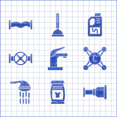 Su musluğu, çamaşır deterjanı, boru adaptörü, duş borusu, sanayi borusu ve vanası, drenaj temizleyici şişesi ve metalik ikon. Vektör