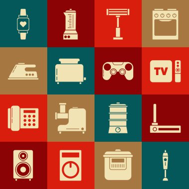 Blender, Router ve wi-fi sinyallerini ayarla, uzaktan kumandalı TV alıcısı, elektrikli ısıtıcı, tost makinası, demir, akıllı saat kalp atış hızını ve Gamepad simgesini göster. Vektör